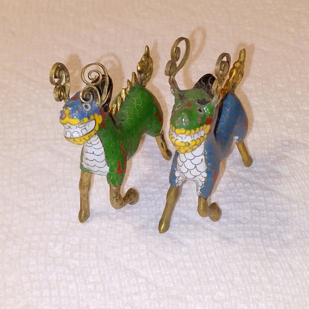 Set 2 Cloisonne Dragon Horse Mystic Creature Ornaments Sculpture